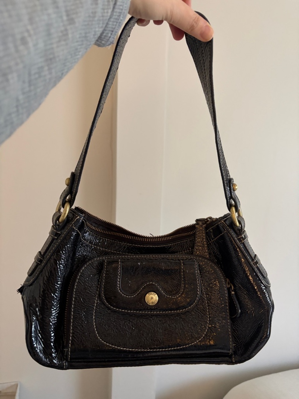 Perlina Leather Vintage Black Patent Shoulder Bag - Classic Women’s Handbag